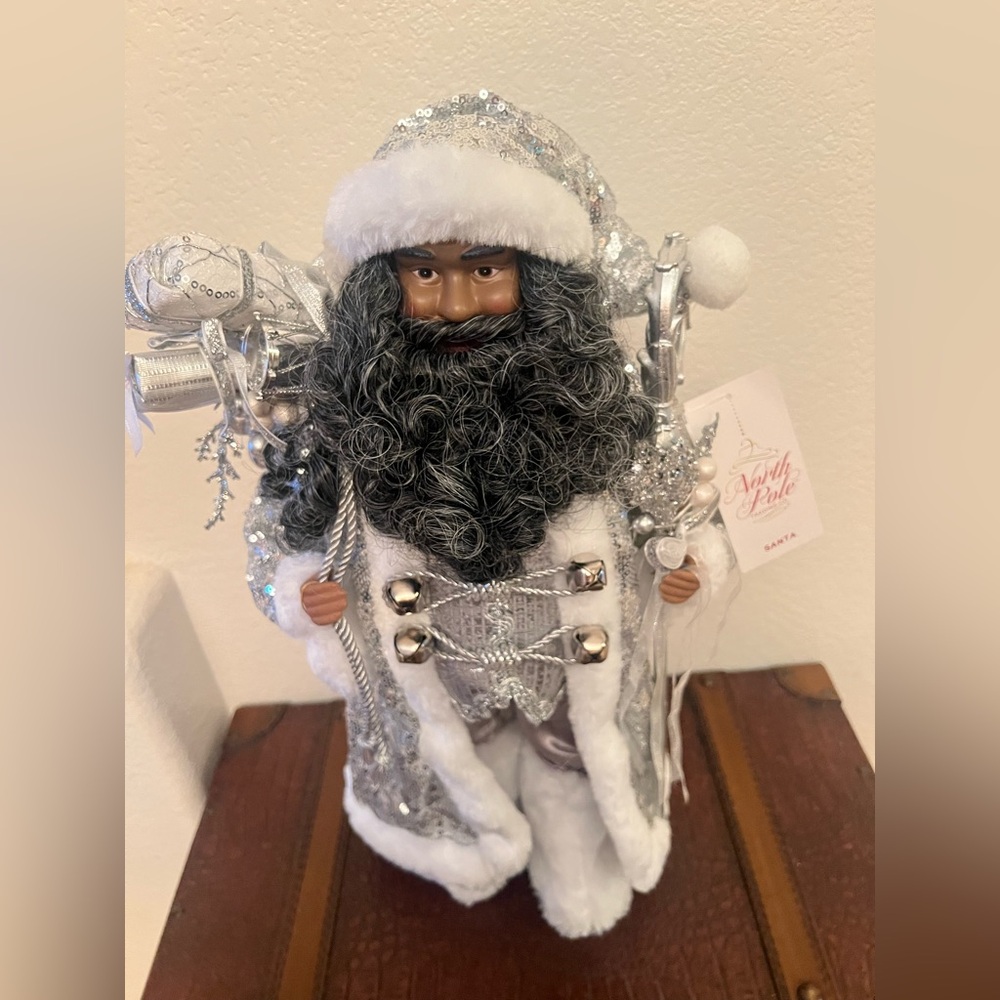 NWT North Pole Silver and White Holiday Santa Figurine 18i inches